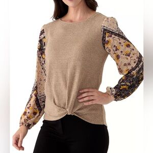 AGB Sheer Balloon Sleeve Mixed Media Knit Top Boho Chic Rayon Blouse